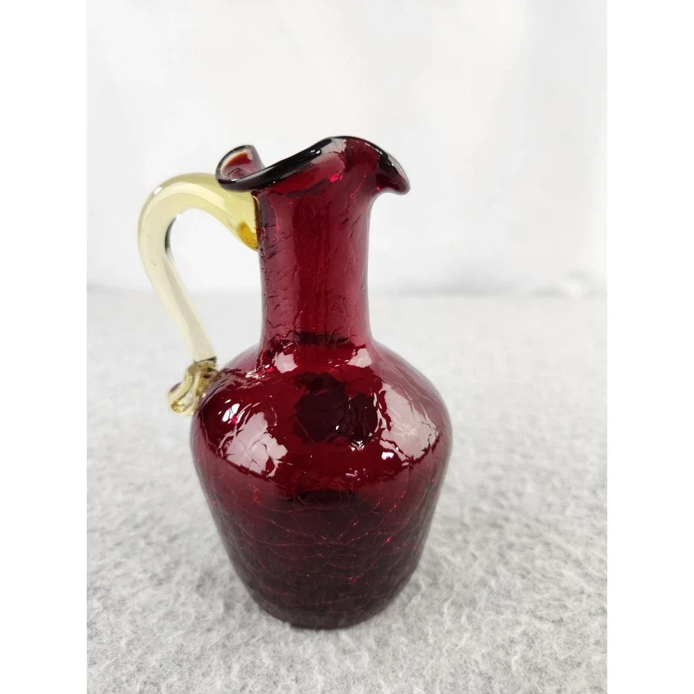 Vtg Pilgrim Handmade Crackle Ruby Red‎ Glass Gold Handled Pitcher Vase Sticker
